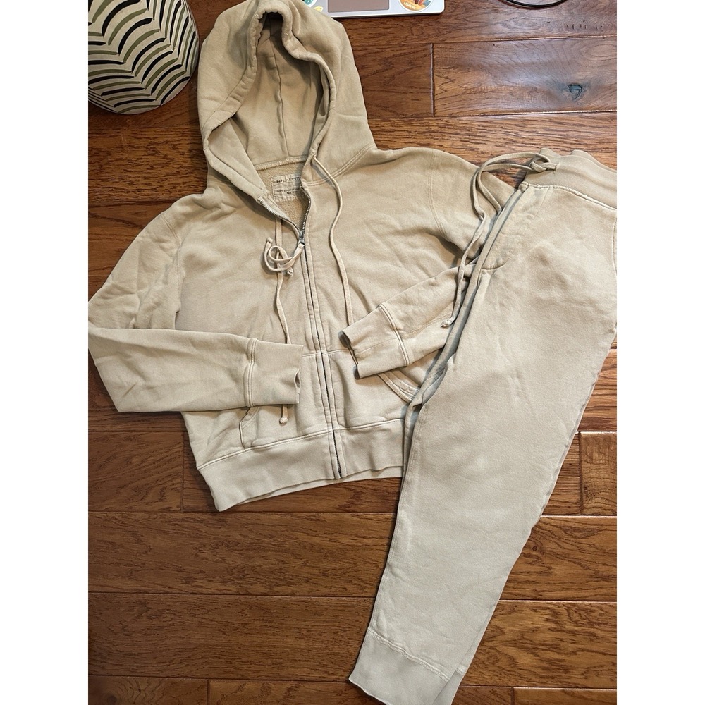 NILI LOTAN Wheat Tan Distressed Zip Hoodie Sweatpants Tracksuit Set USA Sz S